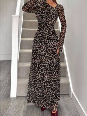 SHEIN Leopard Print Long Sleeve Maxi Dress in Brown